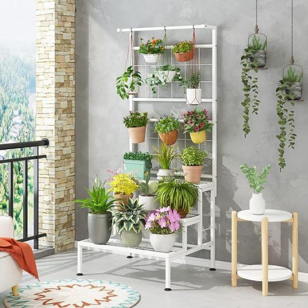 Plant Stand 3-Tier Hanging Shelves Flower Pot Organizer Multiple Flower Display Holder Indoor Outdoor Heavy Duty Potted Planter Rack Unit with Grid Panel for Living Room Balcony Online now