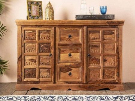 Sheesham Wood Mammoth Sideboard Three Drawer Two Door Storage Unit (Honey Finish) Cheap