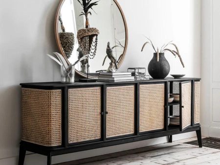 TEAK WOOD & RATTAN SIDEBOARD BLACK on Sale