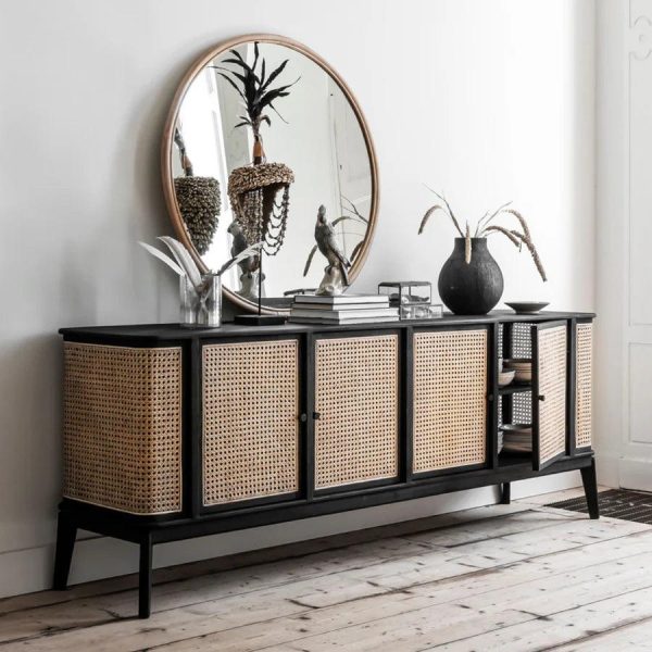 TEAK WOOD & RATTAN SIDEBOARD BLACK on Sale