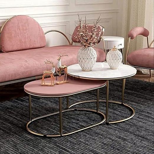 Nesting Table Set of 2, Stacking Side Round Tables in Golden Colour for Living Room Online now