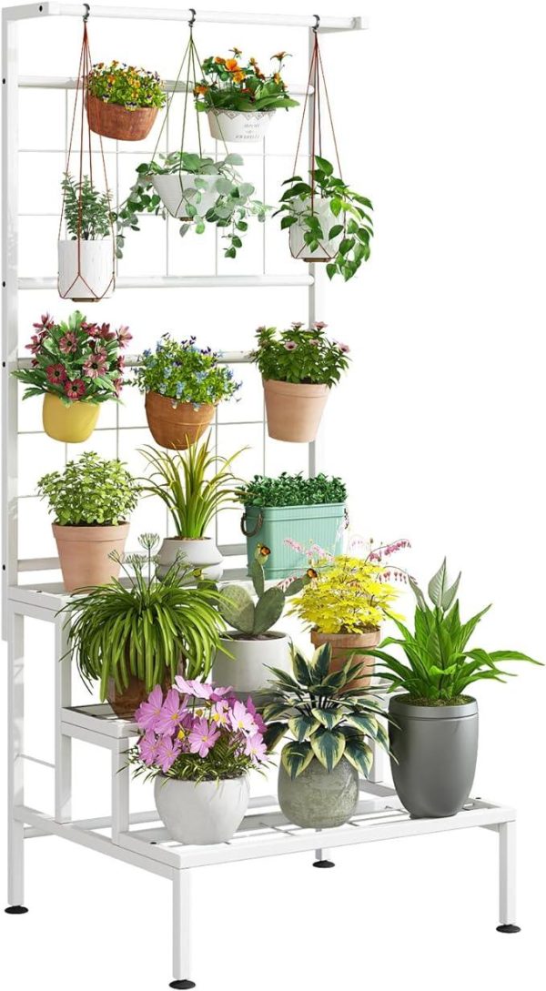 Plant Stand 3-Tier Hanging Shelves Flower Pot Organizer Multiple Flower Display Holder Indoor Outdoor Heavy Duty Potted Planter Rack Unit with Grid Panel for Living Room Balcony Online now