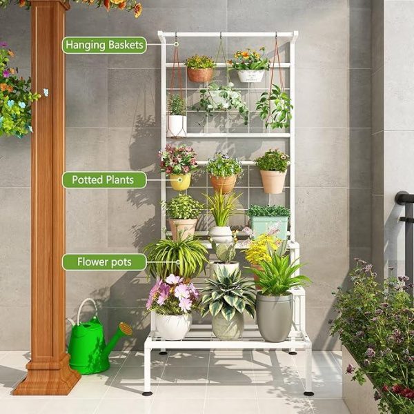 Plant Stand 3-Tier Hanging Shelves Flower Pot Organizer Multiple Flower Display Holder Indoor Outdoor Heavy Duty Potted Planter Rack Unit with Grid Panel for Living Room Balcony Online now