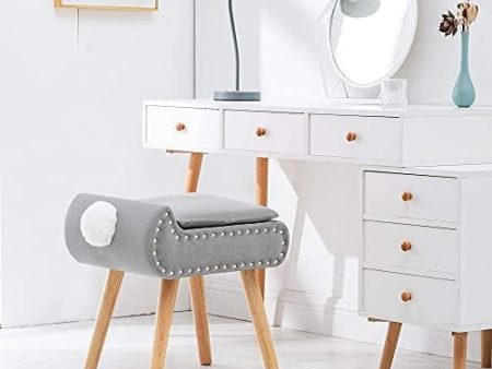 Modern Storage Faux Fur Square Vanity Stool, Makeup Dressing Stool Chair with Wood Legs, Velvet Cushioned Seat Foot Stool, Padded Bench, Storage Ottoman Footrest Stool with Cute Tail for Bedroom Grey Cheap