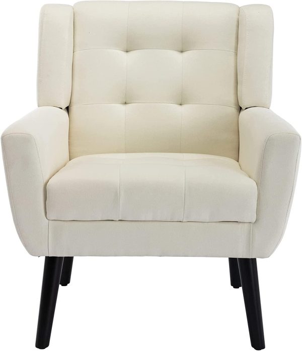 Modern Accent Chair with Arms, Upholstered Linen Fabric Reading Side Chair Tufted Back Decorative Wingback Chair for Living Room Bedroom Supply