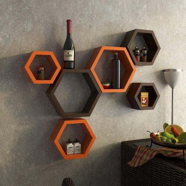 Fancy 6 Pcs Hexagonal Wooden Wall Shelf Home decoration For Sale