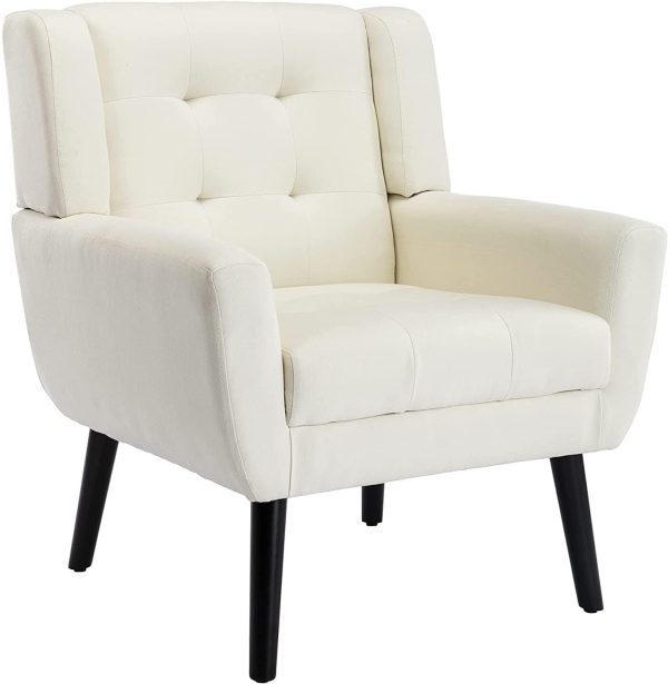 Modern Accent Chair with Arms, Upholstered Linen Fabric Reading Side Chair Tufted Back Decorative Wingback Chair for Living Room Bedroom Supply