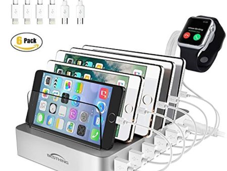 BESTHING Fast Charging Station, 6 Port USB Charging Station, Desktop Charging Stand Organizer, Phone Docking Station Removable Baffles Compatible for iPhone, iPad, Samsung, Tablet, Kindle (Silver) For Discount