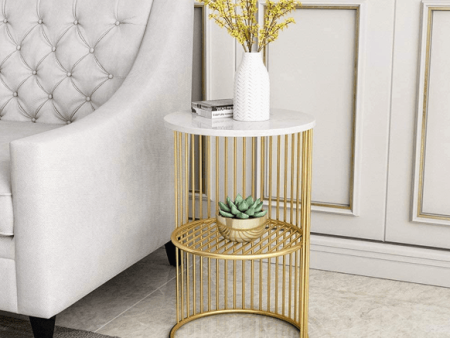 Coffee Round Accent Table for Living Room and Balcony with Metal & Engineered Wood Tabletop and Gold Coated Colour Frame -White-Gold-Jali Hot on Sale