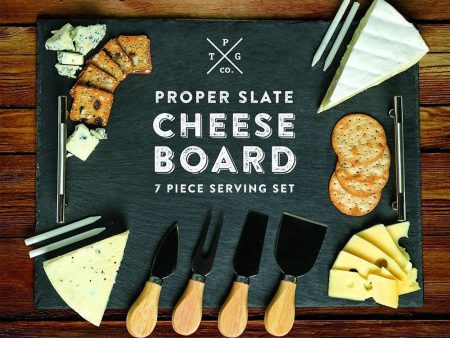 Slate Cheese Board - 7 pc Serving Tray Set 16 x12  Large - Stainless Steel Handles - Soapstone Chalk - 4 Cheese Knives - Foam Protective Feet by Proper Goods Cheap