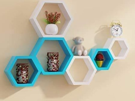 Wall Shelf for Living Room Stylish | Hexagonal Designer Wooden Shelves | Display Rack for Bedroom, Kitchen, Office (Set of 6| Color-White & Sky Blue) on Sale