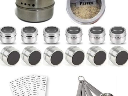 12 Magnetic Spice Containers Tins Stainless Steel for Fridge Jars Set Kitchen Organizer Clear Top Lids Sift or Pour Spice Storage & Arts & Craft Storage, 4 Measuring Spoons 96 Jar Labels, Metal Plates Discount